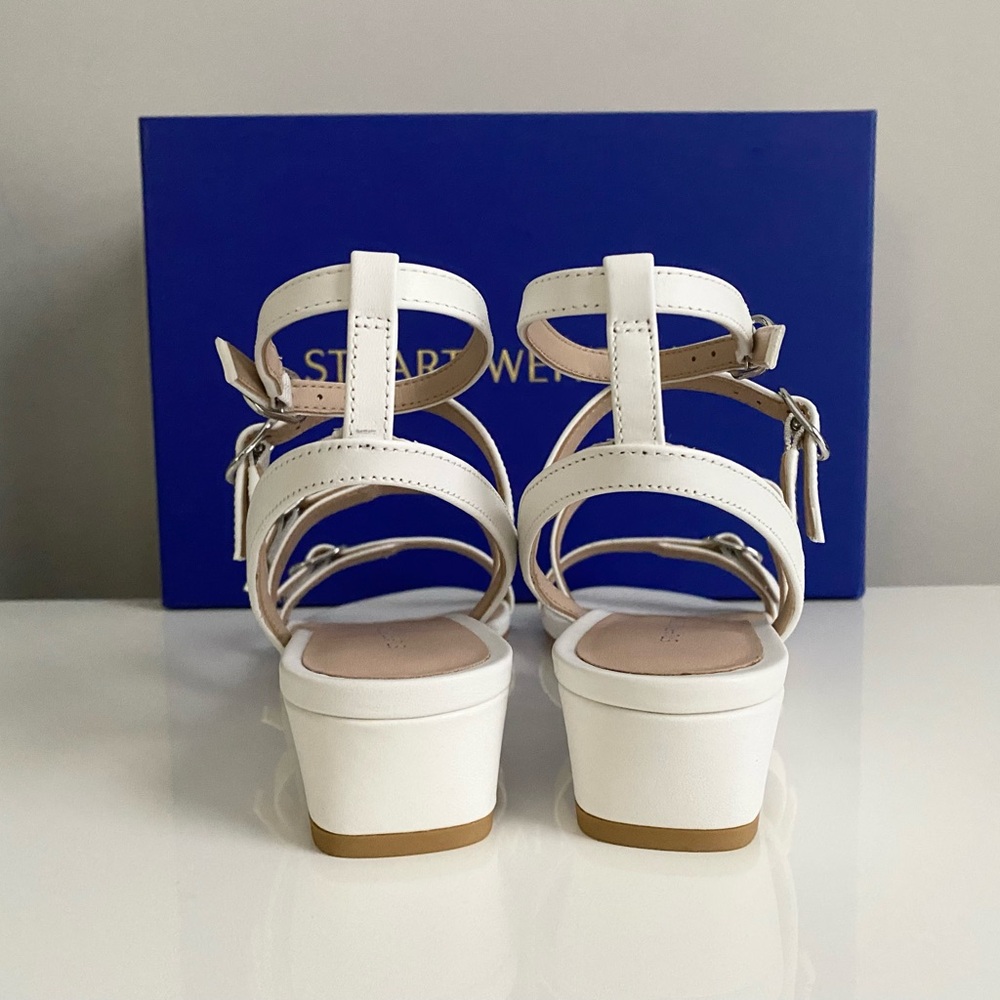 $450 STUART WEITZMAN Grecian Buckle Wedge White Leather Sandals Sz 36.5 6 B NEW - Picture 8 of 15